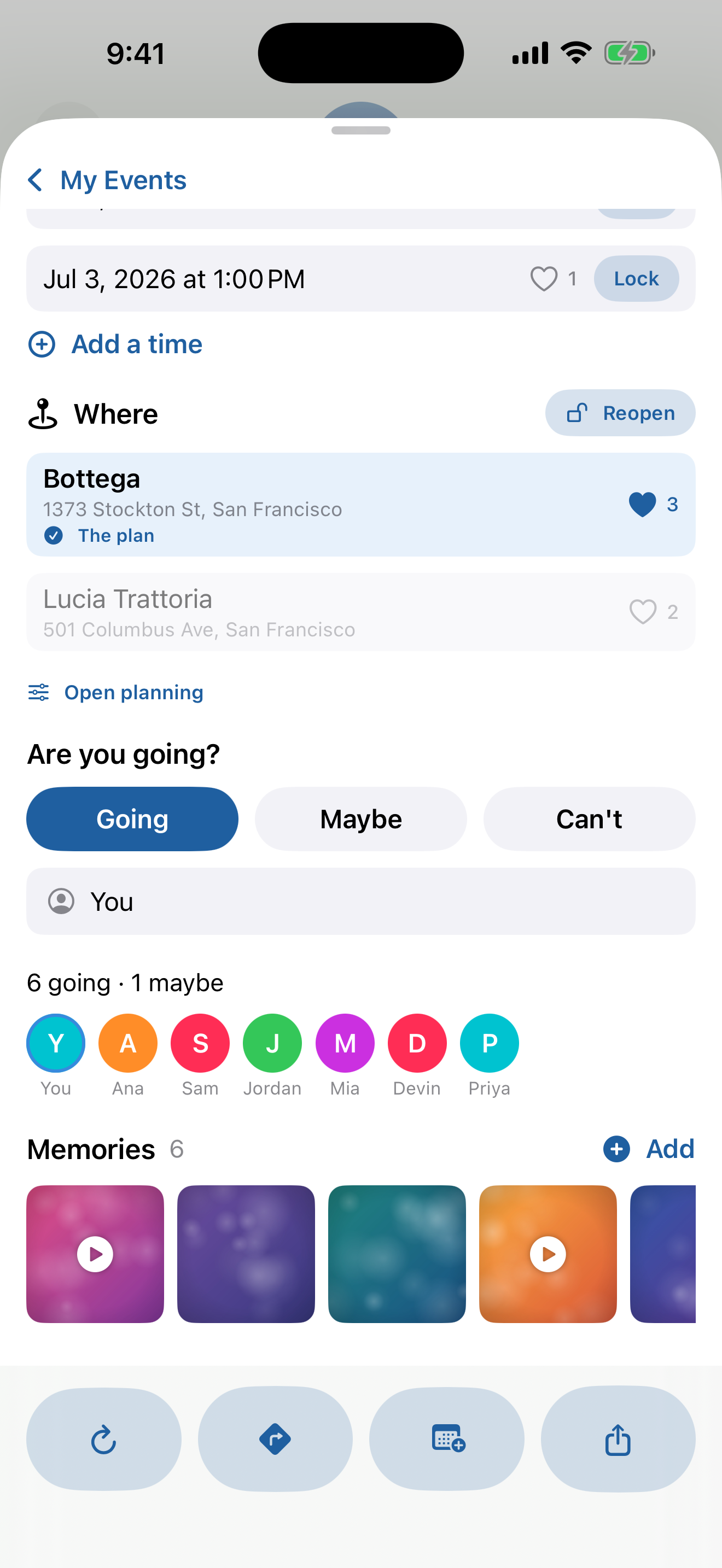 The locked-in plan with a live RSVP list